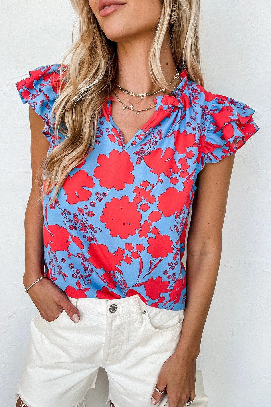 Red Floral Ruffle Top- Multi